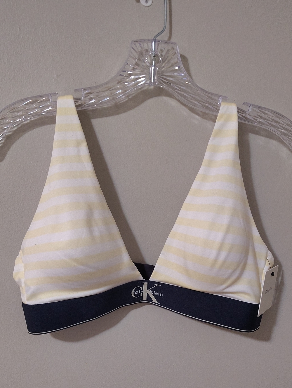 Calvin Klein Yellow & White Striped Wireless Bralette with Navy Band